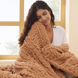 imageBedsure Chunky Knit Throw Blanket for Couch  100 Hand Knitted 506 lbs GentleSoft Blanket with Giant Chenille Yarn for Bed Living Room Home Decor Thick and Cozy Grey 50x60 Inches00  Orange