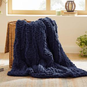 imageBedsure Chunky Knit Throw Blanket for Couch  100 Hand Knitted 506 lbs GentleSoft Blanket with Giant Chenille Yarn for Bed Living Room Home Decor Thick and Cozy Grey 50x60 Inches04  Navy
