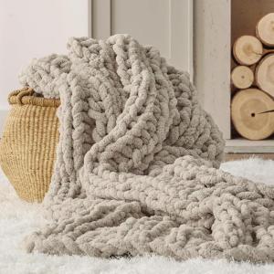 imageBedsure Chunky Knit Throw Blanket for Couch  100 Hand Knitted 506 lbs GentleSoft Blanket with Giant Chenille Yarn for Bed Living Room Home Decor Thick and Cozy Grey 50x60 Inches01  Linen Beige
