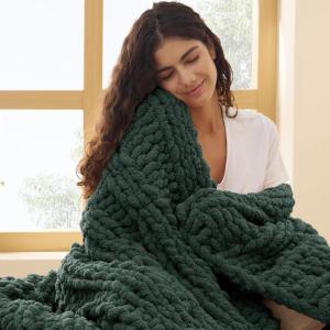 imageBedsure Chunky Knit Throw Blanket for Couch  100 Hand Knitted 506 lbs GentleSoft Blanket with Giant Chenille Yarn for Bed Living Room Home Decor Thick and Cozy Grey 50x60 Inches06  Dark Green