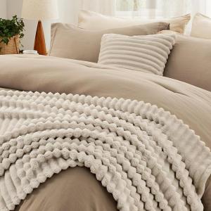imageBedsure Comforter Queen Size 5 Pieces  Queen Size Comforter Set with Checkered Throw Blanket and Decorative Pillow Lightweiget Bedding All Season Bedding Sets Linen Beige02  Khaki Striped