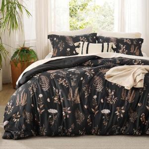 imageBedsure Comforter Set Queen Size  Cute Floral Bedding Comforter Set 3 Pieces 1 Soft Reversible Sage Green Botanical Flowers Comforter and 2 Pillow Shams03  Black