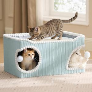 imageBedsure Cute Cat House for Indoor Cats  Extra Wide Cat Scratch House with Large Top Sisal Scratch Pad for Multiple Cats Foldable Kitty Cave Hideaway for Entertainment 236x159x126inches BlueModern