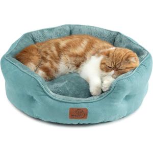 imageBedsure Dog Beds for Small Dogs  Round Cat Beds for Indoor Cats Washable Pet Bed for Puppy and Kitten with SlipResistant Bottom 20 Inche WhiteAqua Washed