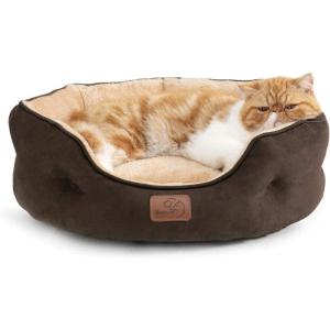 imageBedsure Dog Beds for Small Dogs  Round Cat Beds for Indoor Cats Washable Pet Bed for Puppy and Kitten with SlipResistant Bottom 20 Inche WhiteBrown