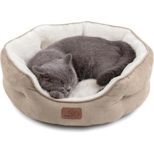 imageBedsure Dog Beds for Small Dogs  Round Cat Beds for Indoor Cats Washable Pet Bed for Puppy and Kitten with SlipResistant Bottom 20 Inche WhiteCamel