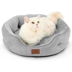 imageBedsure Dog Beds for Small Dogs  Round Cat Beds for Indoor Cats Washable Pet Bed for Puppy and Kitten with SlipResistant Bottom 20 Inche WhitePale Grey