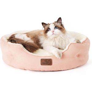 imageBedsure Dog Beds for Small Dogs  Round Cat Beds for Indoor Cats Washable Pet Bed for Puppy and Kitten with SlipResistant Bottom 20 Inche WhitePeach Pink