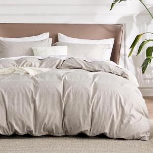 imageBedsure Duvet Cover Queen Size  Soft Cationic Dyed Duvet Cover Set for Kids with Zipper Closure 3 Pieces Bedding SetBeige 90quotx90quotLinen No Comforter