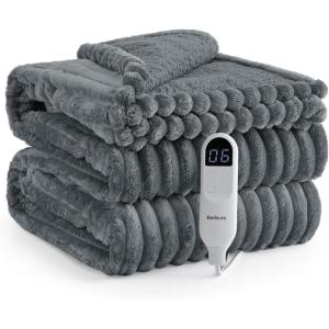 imageBedsure Electric Blanket Twin  Soft Ribbed Flannel Heated Blanket Heating Blanket with 10 Time Settings 6 Heat Settings and 8 hrs Timer Auto Shut Off 62x84 inches Grey08  Grey