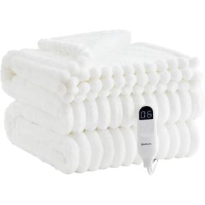 imageBedsure Electric Blanket Twin  Soft Ribbed Flannel Heated Blanket Heating Blanket with 10 Time Settings 6 Heat Settings and 8 hrs Timer Auto Shut Off 62x84 inches Grey13  White