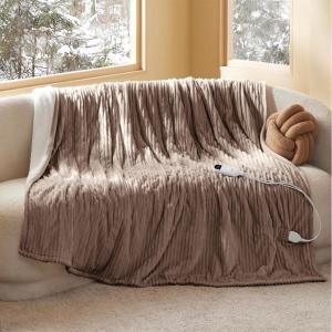 imageBedsure Electric Blanket Twin  Soft Ribbed Flannel Heated Blanket Heating Blanket with 10 Time Settings 6 Heat Settings and 8 hrs Timer Auto Shut Off 62x84 inches Grey06  Brown