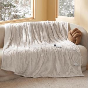 imageBedsure Electric Blanket Twin  Soft Ribbed Flannel Heated Blanket Heating Blanket with 10 Time Settings 6 Heat Settings and 8 hrs Timer Auto Shut Off 62x84 inches Grey03  Cream