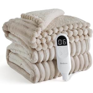 imageBedsure Electric Blanket Twin  Soft Ribbed Flannel Heated Blanket Heating Blanket with 10 Time Settings 6 Heat Settings and 8 hrs Timer Auto Shut Off 62x84 inches Grey11  Linen