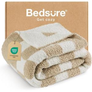imageBedsure Fall Throw Blanket for Couch  Super Soft Cozy ampamp Warm Knit Checkered Blanket Breathable Lightweight ampamp Fluffy for Bed ampamp Sofa Gentlesoft Black 50x60 Inches01  Checkered Beige