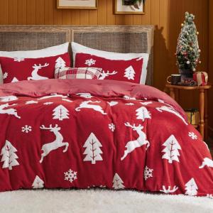 imageBedsure Fluffy Christmas Comforter Set Queen  Christmas Bedding with Christmas Tree Warm Flannel Fleece Bed Sets for Winter 3 Pieces 1 Soft Plush Shaggy Comforter with 2 Pillowcases02  Red