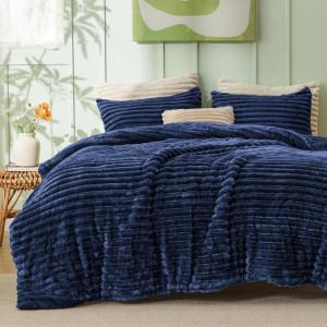 imageBedsure Fluffy Comforter Set Queen  Super Soft Faux Fur Bed Set Cream White All Seasons Warm Plush Fleece Bedding 3 Pieces 1 Shaggy Fuzzy Queen Size Comforter with 2 Pillowcases12  Navy