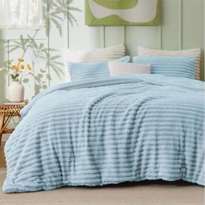 imageBedsure Fluffy Comforter Set Queen  Super Soft Faux Fur Bed Set Cream White All Seasons Warm Plush Fleece Bedding 3 Pieces 1 Shaggy Fuzzy Queen Size Comforter with 2 Pillowcases11  Light Blue