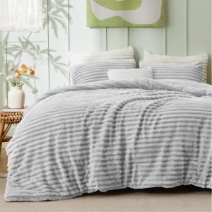 imageBedsure Fluffy Comforter Set Queen  Super Soft Faux Fur Bed Set Cream White All Seasons Warm Plush Fleece Bedding 3 Pieces 1 Shaggy Fuzzy Queen Size Comforter with 2 Pillowcases03  Light Grey