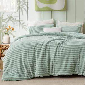 imageBedsure Fluffy Comforter Set Queen  Super Soft Faux Fur Bed Set Cream White All Seasons Warm Plush Fleece Bedding 3 Pieces 1 Shaggy Fuzzy Queen Size Comforter with 2 Pillowcases06  Sage Green
