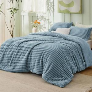 imageBedsure Fluffy Comforter Set Queen  Super Soft Faux Fur Bed Set Cream White All Seasons Warm Plush Fleece Bedding 3 Pieces 1 Shaggy Fuzzy Queen Size Comforter with 2 PillowcasesMineral Blue