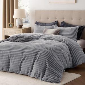 imageBedsure Fluffy Duvet Cover Set  Ultra Soft Plush Shaggy Comforter Cover Queen Size Warm Flannel Fleece Bed Sets for Winter 3 Pieces Striped Pattern Forest Green08  Medium Grey No Comforter