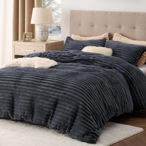imageBedsure Fluffy Duvet Cover Set  Ultra Soft Plush Shaggy Comforter Cover Queen Size Warm Flannel Fleece Bed Sets for Winter 3 Pieces Striped Pattern Forest Green04  Dark Grey No Comforter