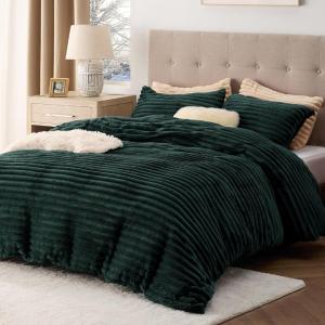 imageBedsure Fluffy Duvet Cover Set  Ultra Soft Plush Shaggy Comforter Cover Queen Size Warm Flannel Fleece Bed Sets for Winter 3 Pieces Striped Pattern Forest Green05  Forest Green No Comforter