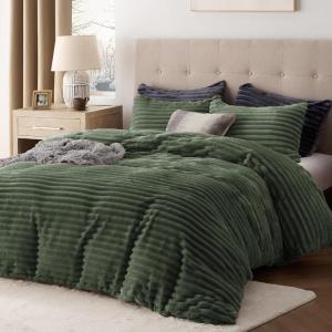 imageBedsure Fluffy Duvet Cover Set  Ultra Soft Plush Shaggy Comforter Cover Queen Size Warm Flannel Fleece Bed Sets for Winter 3 Pieces Striped Pattern Forest Green06  Green No Comforter