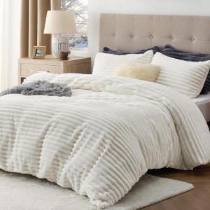imageBedsure Fluffy Duvet Cover Set  Ultra Soft Plush Shaggy Comforter Cover Queen Size Warm Flannel Fleece Bed Sets for Winter 3 Pieces Striped Pattern Forest Green01  Coconut White No Comforter