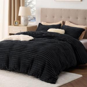 imageBedsure Fluffy Duvet Cover Set  Ultra Soft Plush Shaggy Comforter Cover Queen Size Warm Flannel Fleece Bed Sets for Winter 3 Pieces Striped Pattern Forest Green07  Black No Comforter