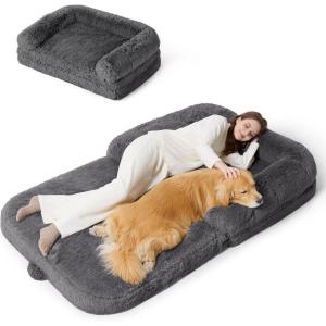 imageBedsure Foldable Human Dog Bed  2 in 1 Flexible Giant Human Dog Bed for Adult People with Supportive Bolster Egg Foam Waterproof Liner Calming Fluffy Faux Fur Orthopedic Big Bean Bed Light GreyDark Grey