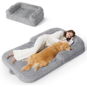 imageBedsure Foldable Human Dog Bed  2 in 1 Flexible Giant Human Dog Bed for Adult People with Supportive Bolster Egg Foam Waterproof Liner Calming Fluffy Faux Fur Orthopedic Big Bean Bed Light GreyLight Grey