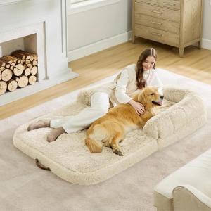 imageBedsure Foldable Human Dog Bed for People Adults 2 in 1 Calming Human Size Giant Dog Bed Fits Pet Families with Egg Foam Supportive Mat and Waterproof Liner Faux Fur Orthopedic Pet Sofa PinkWhite