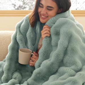 imageBedsure GentleSoft Fluffy Faux Fur Throw Blanket Fuzzy Soft Bubble Blanket for Couch Faux Fur Decor for Bedroom Living Room Housewarming Thick Warm Furry Cozy Gifts for Women Cream 50x60 InchSage Green