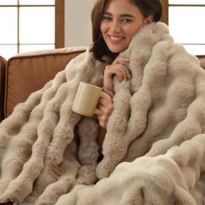 imageBedsure GentleSoft Fluffy Faux Fur Throw Blanket Fuzzy Soft Bubble Blanket for Couch Faux Fur Decor for Bedroom Living Room Housewarming Thick Warm Furry Cozy Gifts for Women Cream 50x60 InchBeige