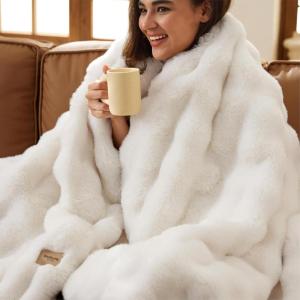 imageBedsure GentleSoft Fluffy Faux Fur Throw Blanket Fuzzy Soft Bubble Blanket for Couch Faux Fur Decor for Bedroom Living Room Housewarming Thick Warm Furry Cozy Gifts for Women Cream 50x60 InchCream
