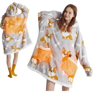 imageBedsure Heated Wearable Blanket Hoodie  Cordless Sherpa Heating Hooded Blanket as Winter Gifts for Women Mom with Battery Pack 74V Portable Warm Electric Throw for Adult Outdoor Standard Corgi