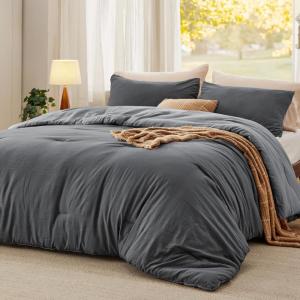 imageBedsure King Size Comforter Set Reversible Grey Soft Prewashed Bedding for All Seasons 3 Pieces Warm Down Alternative Bed Set 1 Lightweight Comforter 104quotx90quot and 2 Pillowcases 20quotx36quot06  Dark GreyGrey