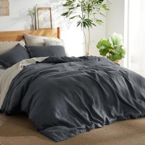 imageBedsure Linen Duvet Cover King  Linen Cotton Blend Duvet Cover Set Light Khaki Color Duvet Cover 3 Pieces 1 Duvet Cover 104 x 90 Inches and 2 Pillowcases Comforter Sold Separately03  Dark Grey No Comforter