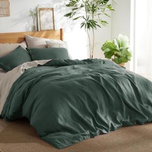 imageBedsure Linen Duvet Cover King  Linen Cotton Blend Duvet Cover Set Light Khaki Color Duvet Cover 3 Pieces 1 Duvet Cover 104 x 90 Inches and 2 Pillowcases Comforter Sold Separately05  Forest Green No Comforter