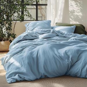 imageBedsure Linen Duvet Cover Queen Size  Linen Cotton Blend Bedding Set Soft ampamp Cozy 3 Pieces 1 Duvet Cover 90x90 Inches and 2 Pillowcases Light Khaki Color Cooling Bedding Comforter Sold Separately02  Grey Blue No Comforter