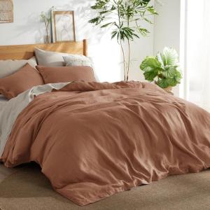 imageBedsure Linen Duvet Cover Queen Size  Linen Cotton Blend Bedding Set Soft ampamp Cozy 3 Pieces 1 Duvet Cover 90x90 Inches and 2 Pillowcases Light Khaki Color Cooling Bedding Comforter Sold Separately32  Dusty Orange No Comforter