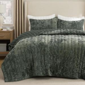 imageBedsure Luxury Velvet Quilt King Size Set  Lightweight Velvet Comforter King Corduroy Cloud Bedspread Coverlet Quilted Bedding Set Soft Winter Quilt with 2 Pillow Shams 106quotx96quot Ivory White01  Olive Green