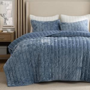 imageBedsure Luxury Velvet Quilt King Size Set  Lightweight Velvet Comforter King Corduroy Cloud Bedspread Coverlet Quilted Bedding Set Soft Winter Quilt with 2 Pillow Shams 106quotx96quot Ivory White03  Blue