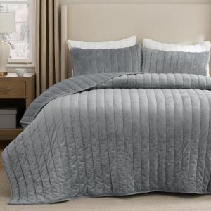 imageBedsure Luxury Velvet Quilt King Size Set  Lightweight Velvet Comforter King Corduroy Cloud Bedspread Coverlet Quilted Bedding Set Soft Winter Quilt with 2 Pillow Shams 106quotx96quot Ivory White02  Sliver Gray