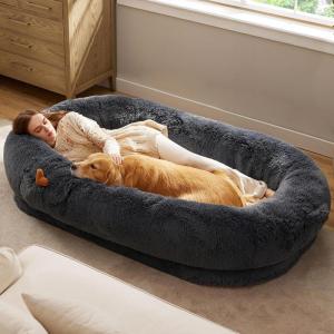 imageBedsure Memory Foam Human Dog Bed 72quotx48quotx12quot Calming Giant Human Dog Bed for Adults People Fits Pet Families with Storage Pocket Fluffy Faux Fur Orthopedic Dog Bean Bed PinkChiseled Stone