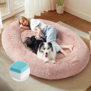 imageBedsure Memory Foam Human Dog Bed 72quotx48quotx12quot Calming Giant Human Dog Bed for Adults People Fits Pet Families with Storage Pocket Fluffy Faux Fur Orthopedic Dog Bean Bed PinkPink