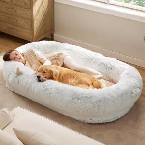 imageBedsure Memory Foam Human Dog Bed 72quotx48quotx12quot Calming Giant Human Dog Bed for Adults People Fits Pet Families with Storage Pocket Fluffy Faux Fur Orthopedic Dog Bean Bed PinkMisty Grey