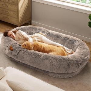 imageBedsure Memory Foam Human Dog Bed 72quotx48quotx12quot Calming Giant Human Dog Bed for Adults People Fits Pet Families with Storage Pocket Fluffy Faux Fur Orthopedic Dog Bean Bed PinkTaupe